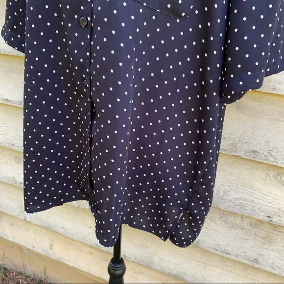 Vintage 90s Black Polka Dot Print Button Down Short Sleeve Collared Popover Top - Picture 12 of 16